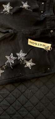 Watson Men's Distressed Black Denim Jeans with Paisley Star Patches